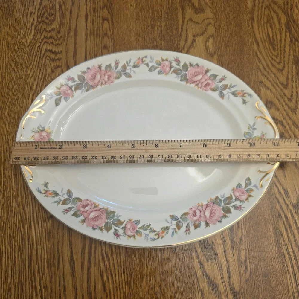 Crown‎ Potteries Co Vintage Pink Rose Oval Serving Platter Gold Trim 11